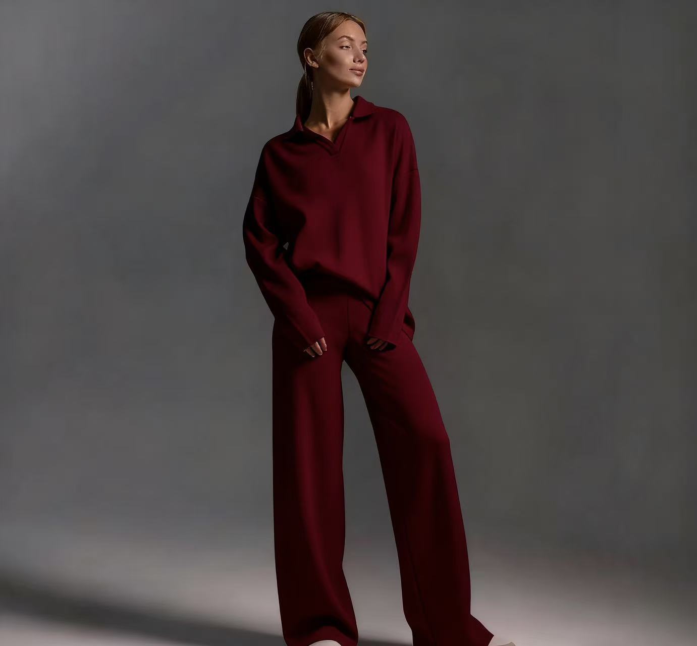 Damen Zweiteiler Set Mit Polo-kragen Pullover Und Hose Modisch_voghion.com