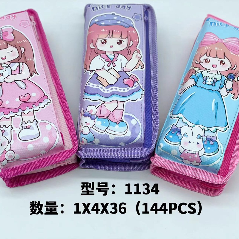 Bolsa de lápices al por mayor Bolsa de lápices de doble capa de gran capacidad simple de dibujos animados Bolsa de papelería de moda de tela Oxford Bolsa de almacenamiento de lápiz lindo