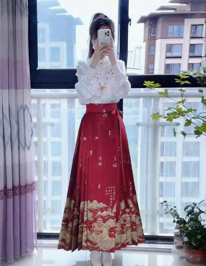 Qianli Jiangshan Printed Horse Face Skirt + Top