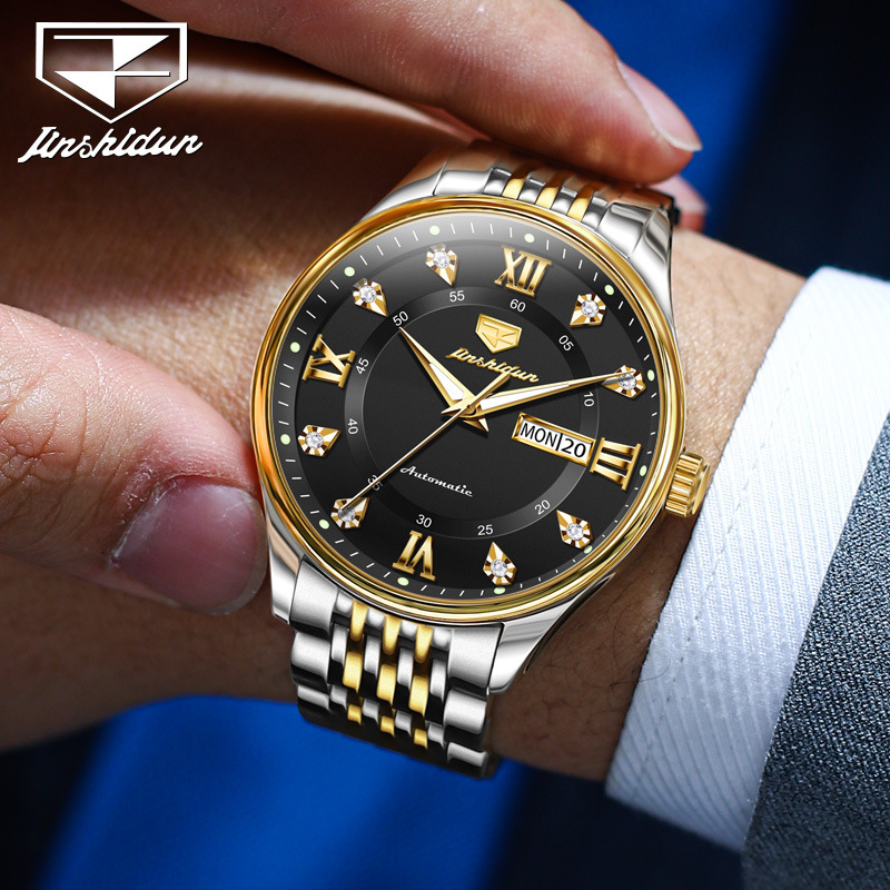 One piece dropshipping gold shield watch for men wholesale automatic mechanical watch double calendar waterproof steel band men's watch men's watch