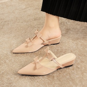 599-26 pointed sandals for women wearing French style wedge heels, versatile bows, empty toe caps, half drag hollow sand