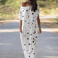 欧美女式夏季月亮星空印花长裙亚马逊休闲短袖圆领天体连裙带口袋