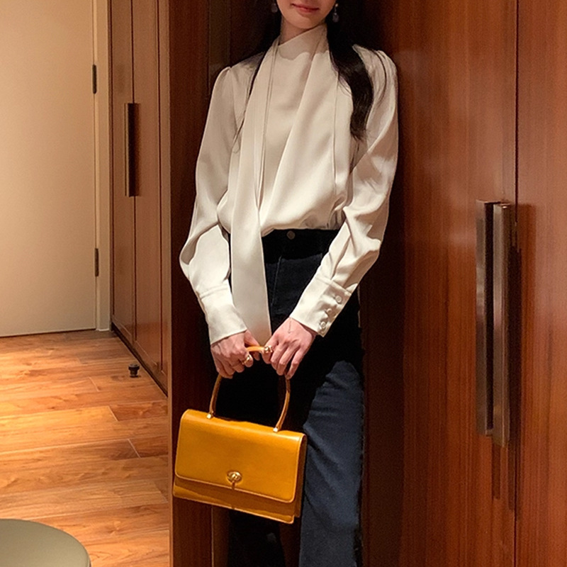 Fried Chicken Ouni Pearlescent Exquisite Lace-Up Silky Commuting Shirt High-Quality Temperament Long-Sleeved Shirt for Women