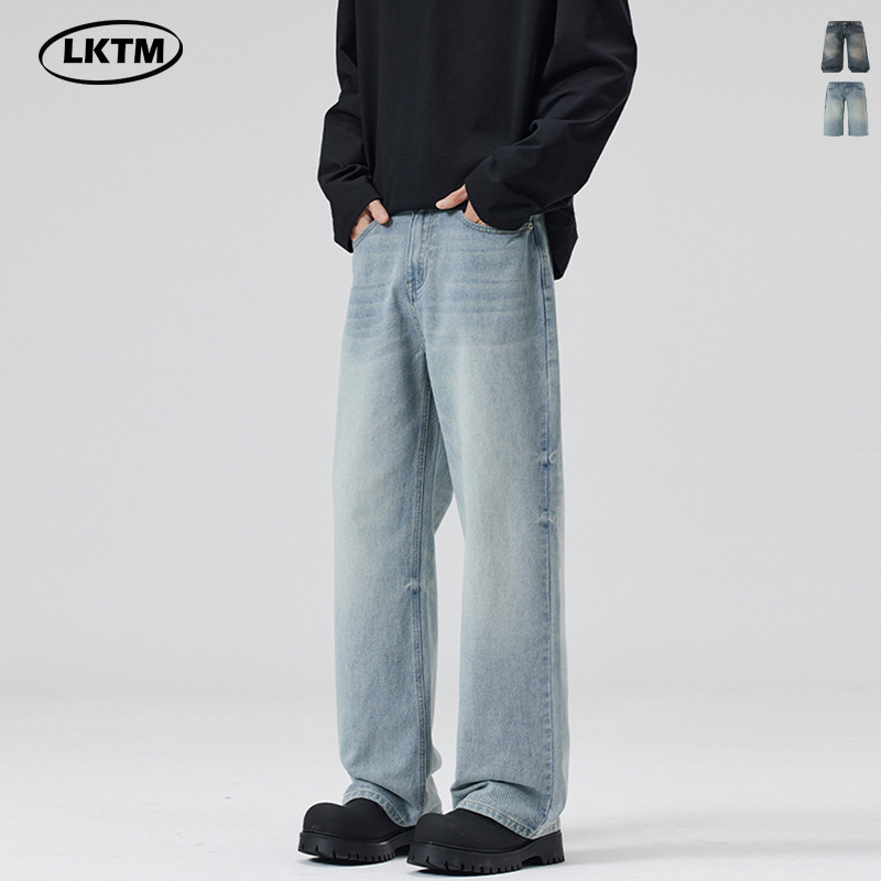 LKTM Men's# Washed Tie Flower light blue Jeans Men's and Women's vibe Fashion Brand Joker Straight Casual Pants