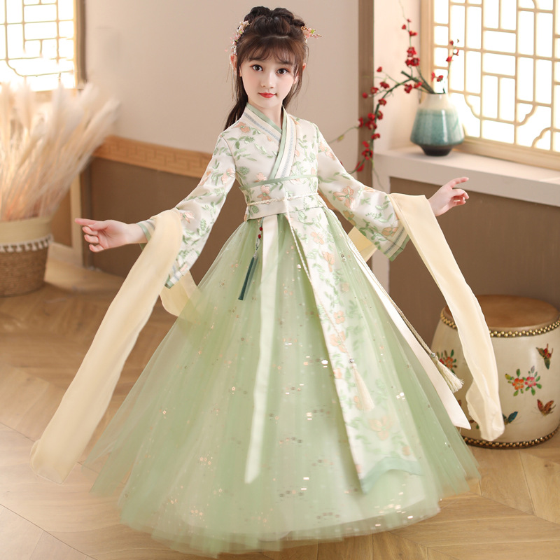 Little Girl's Long-Sleeve Hanfu Spring 2024 New Arrival Ethereal Ancient Costume Ruqun Children's Light Silk Chinese Style Tang Suit Hanfu Skirt