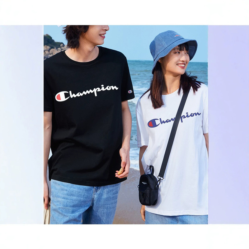 Three Tags Complete, Champion Print Logo, Cursive Letters, Short-Sleeve T-Shirt, Unisex, Loose Fit, Couple Style, Trendy, Clearance Sale