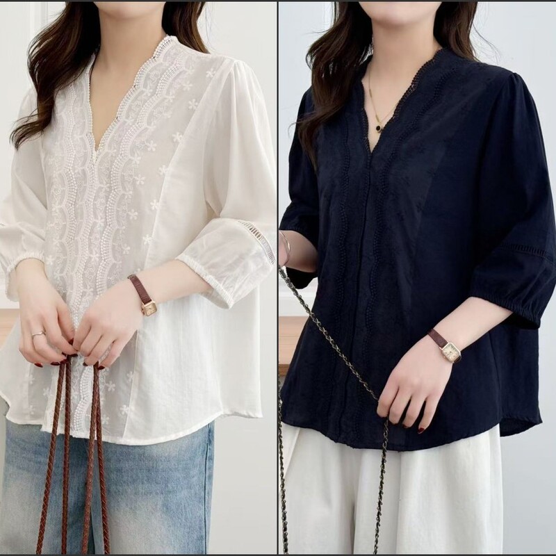 Plus-Size French-Style Hollow Lace V-Neck Loose Slimming Shirt for Women, 2026 Spring/Summer New Chic Puff Sleeve Top
