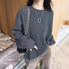 卷边圆领新款纯羊毛女竖纹套头针织毛衣宽松慵懒简约打底长袖上衣