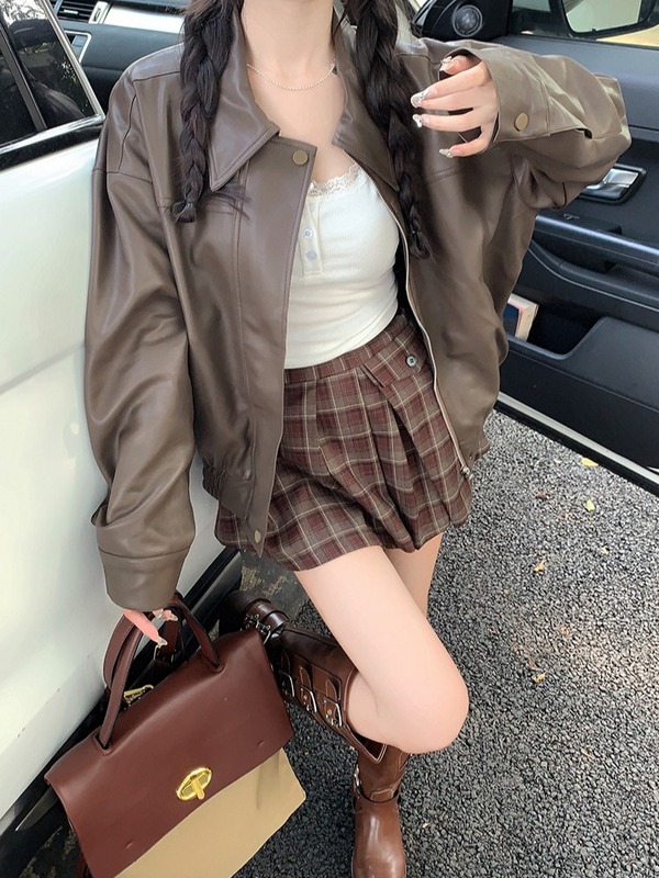 高级美式复古皮衣外套女2025秋季新款宽松显瘦气质夹克机车服上衣|undefined