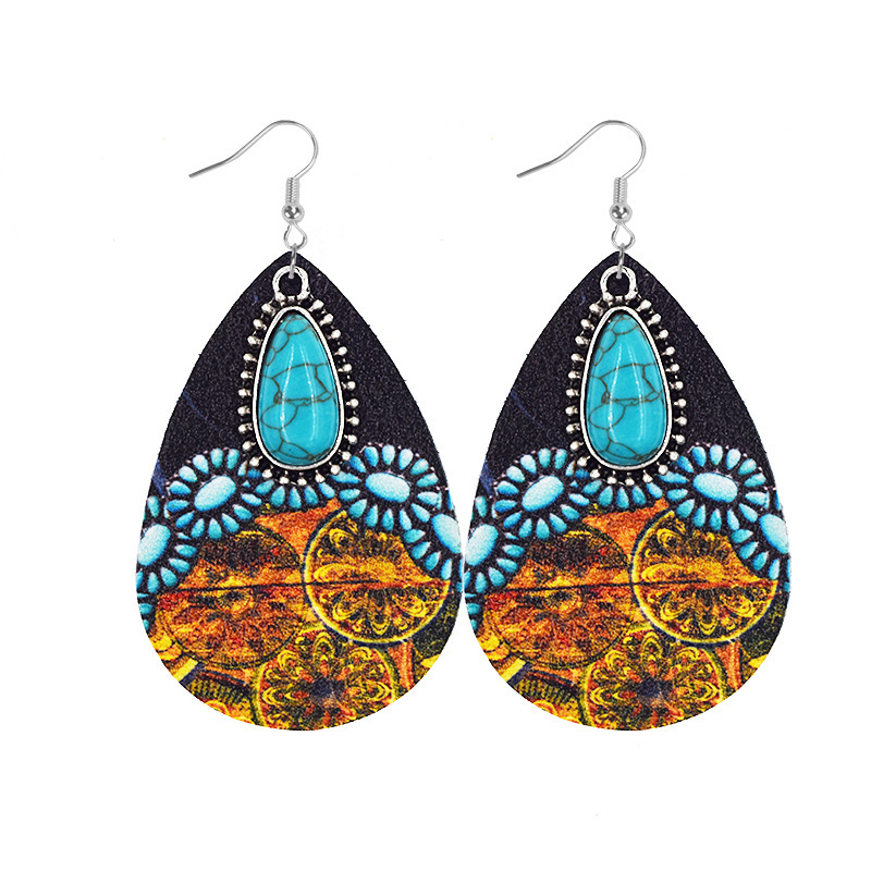 1 Pair Retro Sunflower Color Block Water Droplets Pu Leather Inlay Turquoise Women's Chandelier Earrings display picture 3