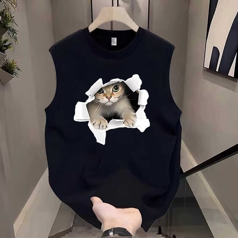 Heavy Cotton Vest Men's Summer New Fashionable Creative Kuso Kitten Printed Sleeveless T-Shirt Loose Top