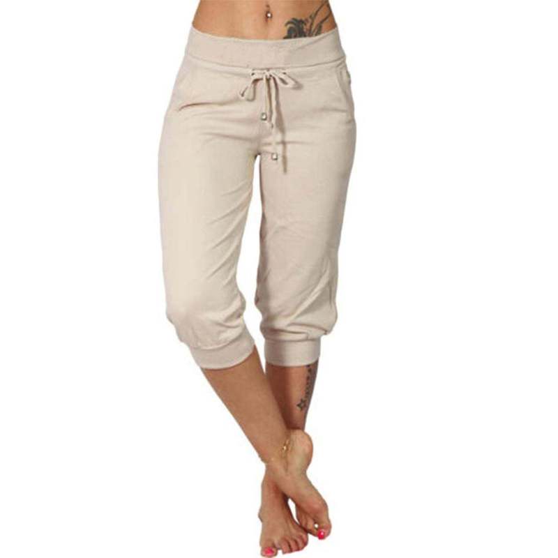 Cross-Border Foreign Trade Women's Knitted Three-Point Casual Tight High-Waist Drawstring Pocket Sports Pants Casual Pants