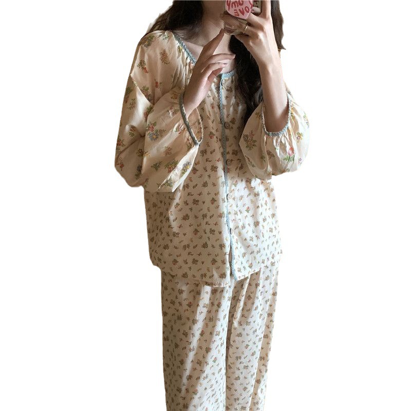 여성용 한국식 잠옷 여름 꽃 무늬 심플 홈웨어 긴팔 정장 여성의 달콤한 스타일은 봄과 가을 투피스 세트 외부에 착용 가능