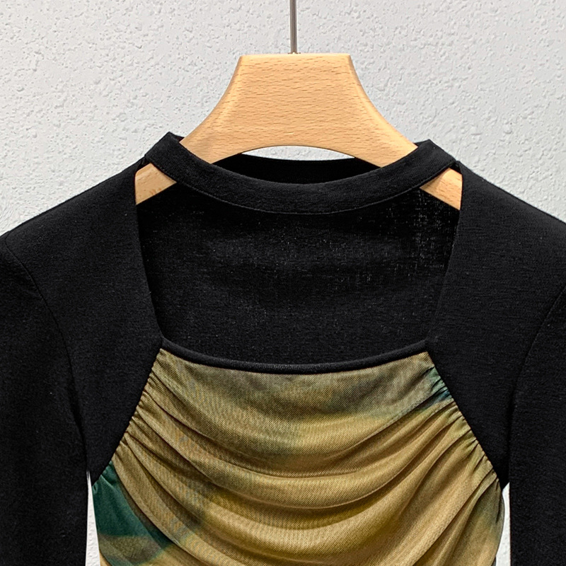 Camisa de fondo de malla para mujer 2023 nuevas mujeres retro cuello cuadrado teñido con costuras de manga larga Camiseta elástica interior superior