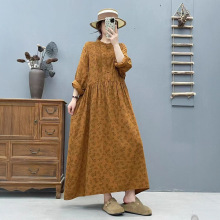 双层纱印花连衣裙2025文艺日系森女系圆领压褶显瘦气质长裙女