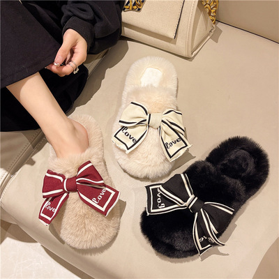 韩版毛拖鞋女ins潮外穿时尚包头字母蝴蝶结居家室内防滑秋冬棉拖|ru