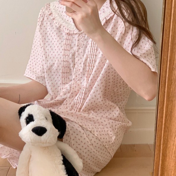 South Korea Ins Women's Summer New Gentle Sweet Floral Navy Collar Soft Waxy Fresh Home Clothes Pajamas suit