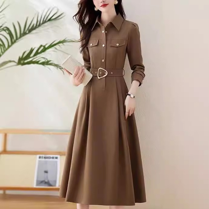 High-end Spring and Autumn Long-sleeved Shirt dress Women's 2024 New Waist Slimming Elegant Lop Over-the-knee Long Skirt High-end Spring and Autumn Long-sleeved Shirt dress Women's 2024 New Waist Slimming Elegant Lop Over-the-knee Long Skirt