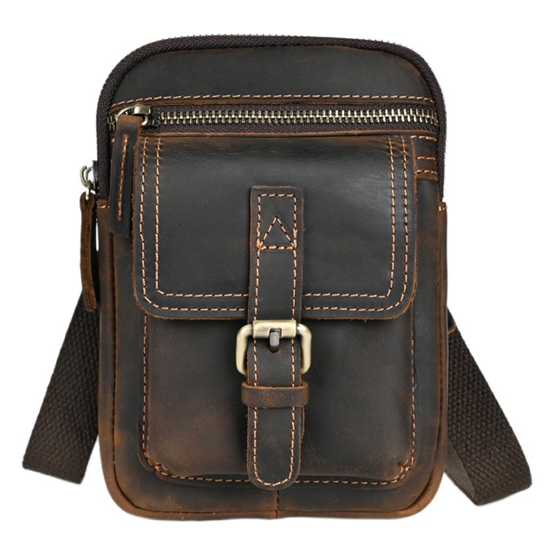 Ancient Trendy European and American Fashionable Crazy Horse Cowhide Men's Shoulder Crossbody Bag Fashionable Mini 6.7 "Mobile Phone Waist Bag