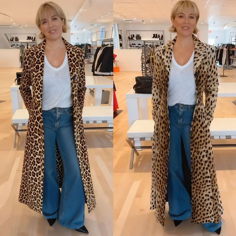 Ins Independent Station Autumn and Winter Korean Velvet Leopard Print Casual Loose Suit Collar Cardigan Long Knee-Length Outwear Windbreaker for Women