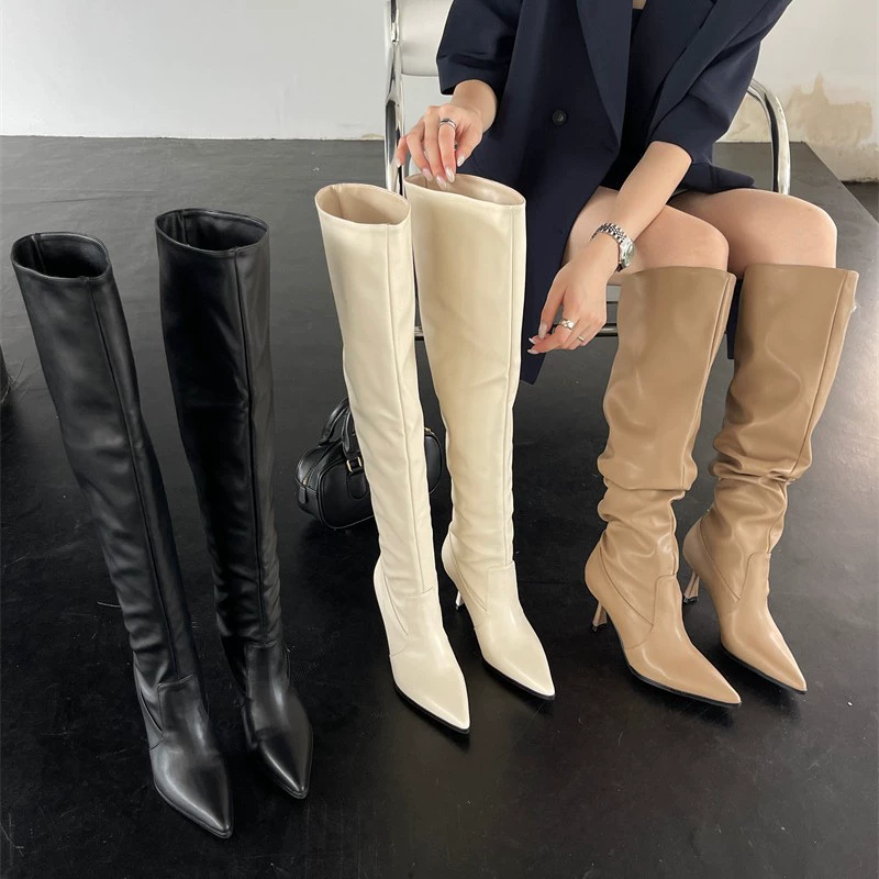 Широкие сапоги для девушек 2025, новые женские сапоги на широкую ногу, остроносые сапоги на шпильке, сапоги выше колена