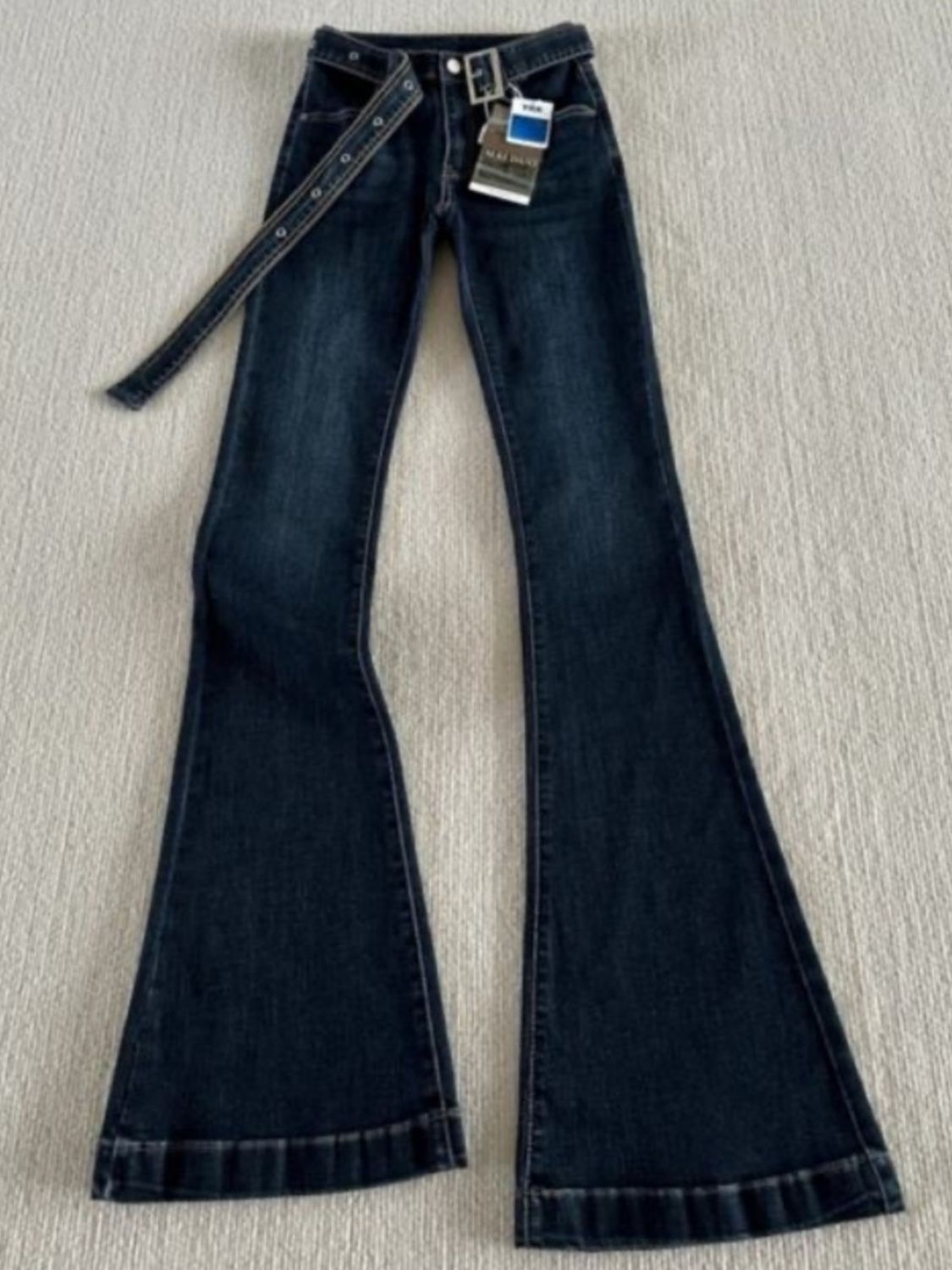Women's Dark Blue Extra Long Flared Jeans Low Waisted Slim Fit_voghion.com