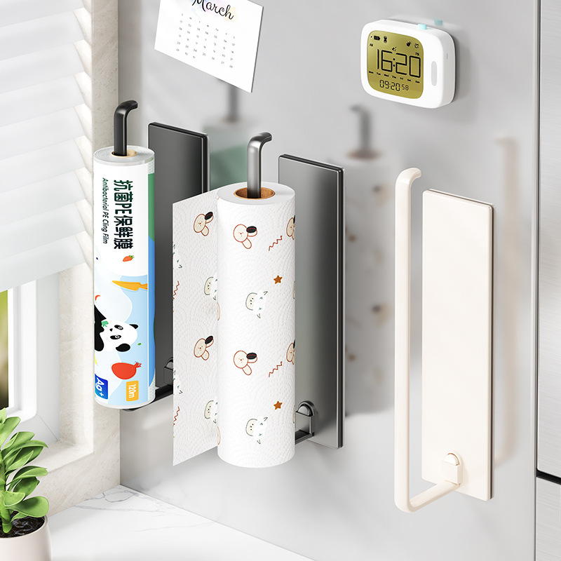 Magnetic Suction Paper Roll Holder Without Punching Cross-Border Plastic Wrap Home Restaurant Paper Towel Creative Seat Kitchen Paper Towel Holder Vertical Rack