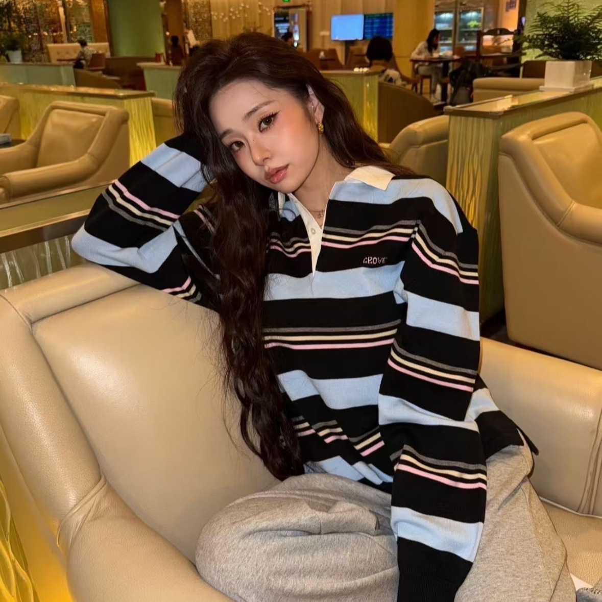 In Stock 2025 Autumn New Model Qd Grove Retro Striped Turn-Down Collar Long-Sleeve Top, Same Style as Nayeon