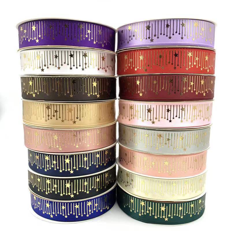 Cinta de meteorito dorado sólido caliente Impresión de estrellas cinta de poliéster bandeja de barra de cinta flor caja de regalo embalaje en stock al por mayor