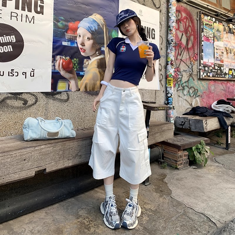 美式复古白色阔腿多口袋工装牛仔裤女夏季新款高腰宽松直筒七分裤|undefined