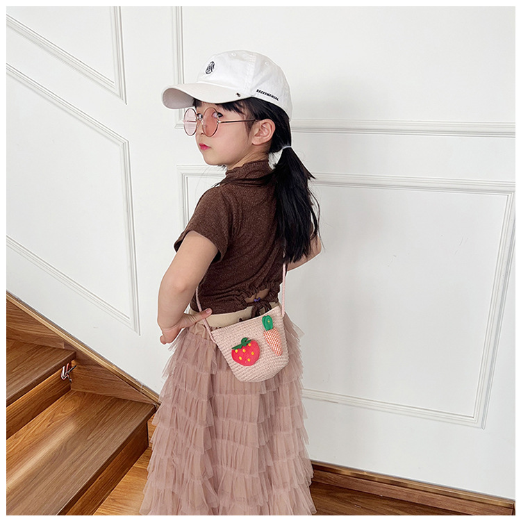Japanese-style cute cartoon flower small bags, children's straw woven bags, mini crossbody bags, beach play zipper bags, single-shoulder bags undefined
