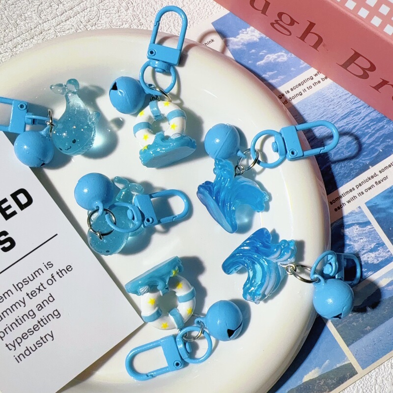 Summer blue ocean keychain, translucent little dolphin pendant, cute bell beach ornament, car and bag accessory