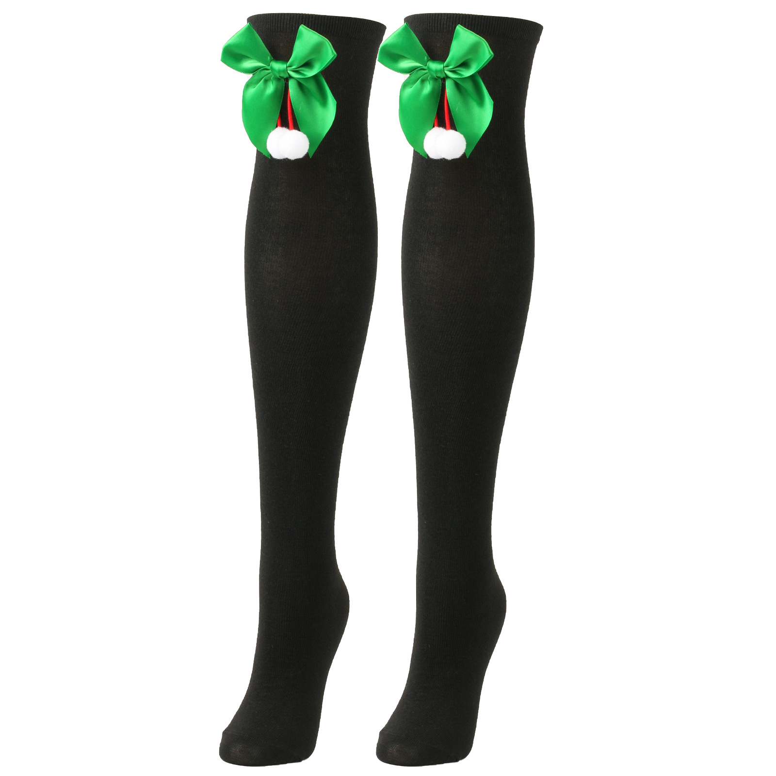 Calzini natalizi unisex con fiocco, calzini a palla, sopra il ginocchio, calzini lunghi da donna, calzini natalizi a righe_voghion.com