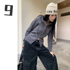 [9hour]美式复古格子拼接连帽毛衣女 2025秋季针织拉链开衫m3733