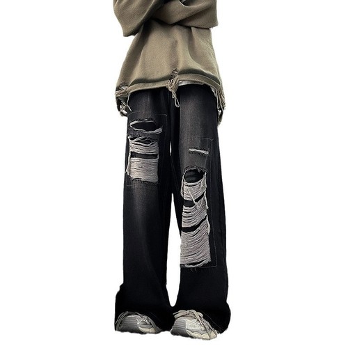 Vintage American-style ripped jeans for men and women, washed and distressed, loose wide-leg straight-leg floor-length streetwear brand pants