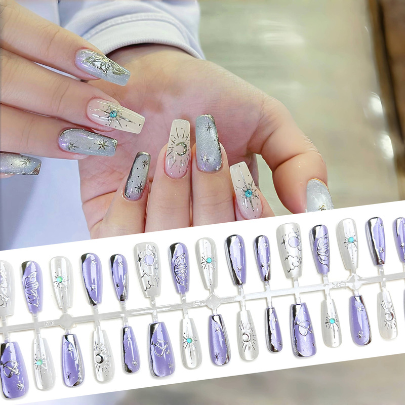 Lilac Magic Mirror Silver Gilded Diamond Wearable Nails High-End Light Luxury Cat Eye Nail Art Patch 30 Pieces Personalized Luxury Lilac Magic Mirror Silver Gilded Diamond Wearable Nails High-End Light Luxury Cat Eye Nail Art Patch 30 Pieces Personalized Luxury