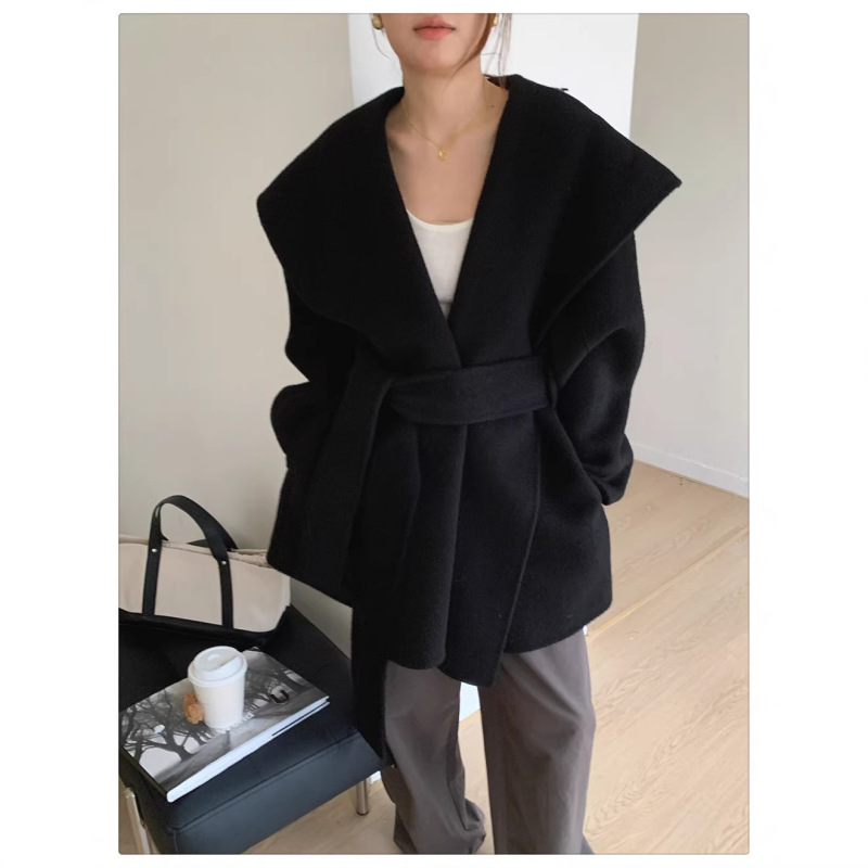 High-End Korean-Style Hooded Double-Sided Wool Coat, Small-Sized Yak Wool Top, Simple Camel Wool Woolen Coat High-End Korean-Style Hooded Double-Sided Wool Coat, Small-Sized Yak Wool Top, Simple Camel Wool Woolen Coat