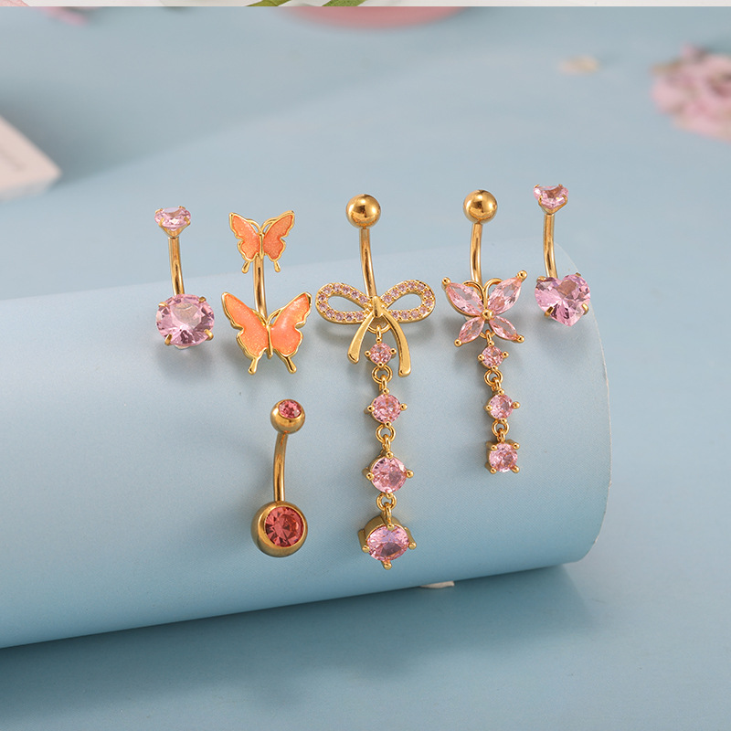 Cross-Border Hot-Selling Stainless Steel + Copper Inlaid Zircon Bow Pendant Belly Button Ring Navel Piercing Jewelry for Women detail image 7