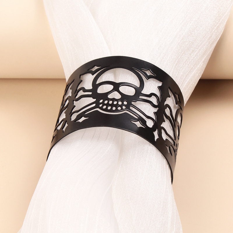 Bracelet en métal personnalisé avec tête de mort, bracelet large à manchette noire rétro punk pour Halloween_voghion.com