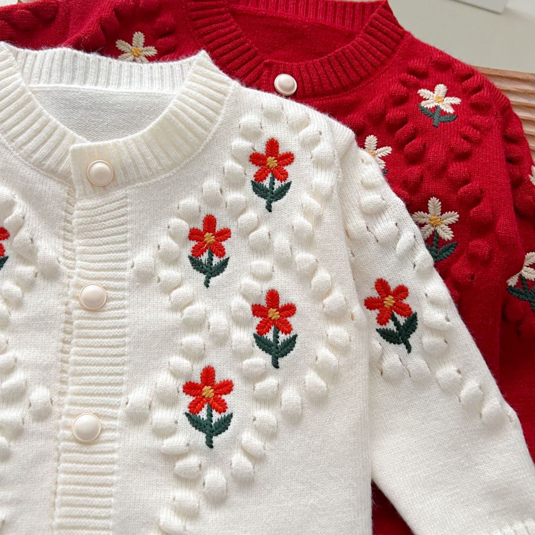 JINYONG Kinderpullover Neue koreanische Ausgabe Western Sweet bestickte Blume 3D Ball Strickmantel für Mädchen_voghion.com
