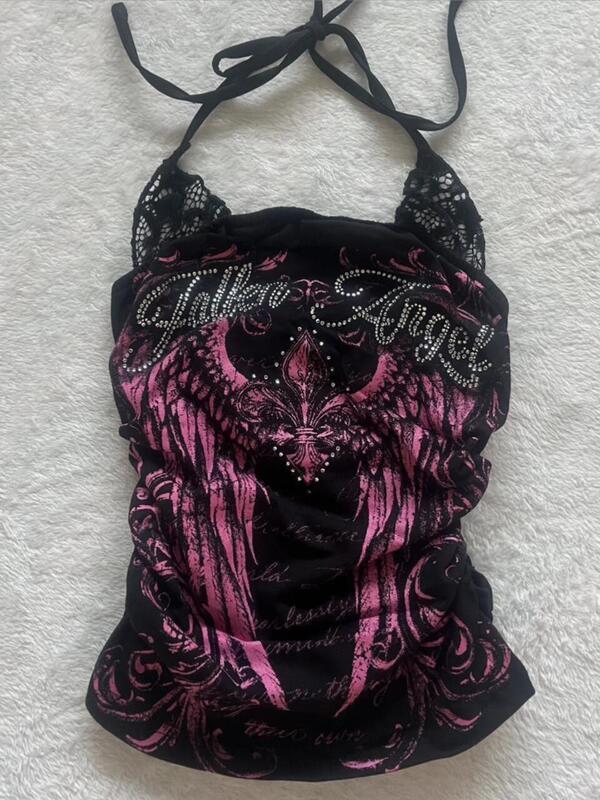 Japanese Retro Y2K Shibuya Hot Girl Punk Rock Subculture Black Faux Two-Piece Lace Halter Top