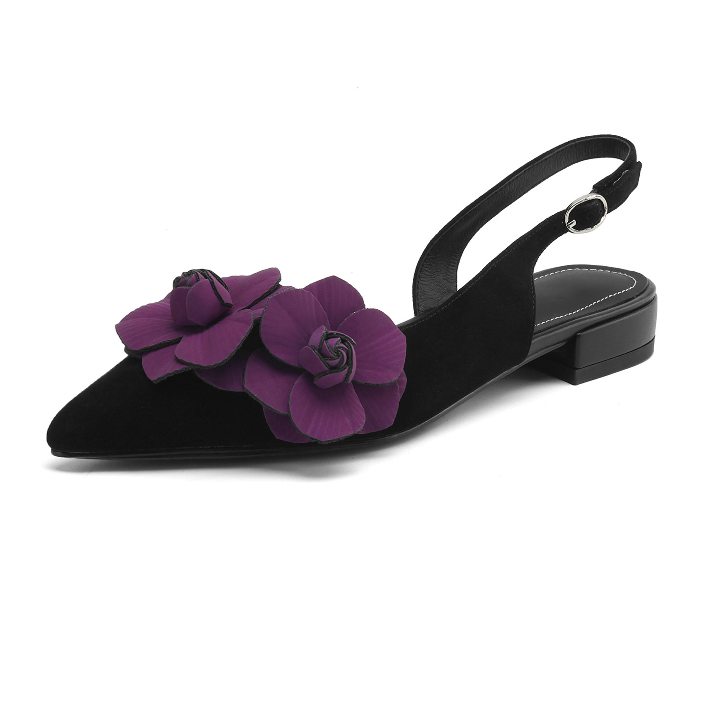 Sandal nữ da cừu mũi tròn quai chữ V đế bệt phong cách Hàn Quốc — đen