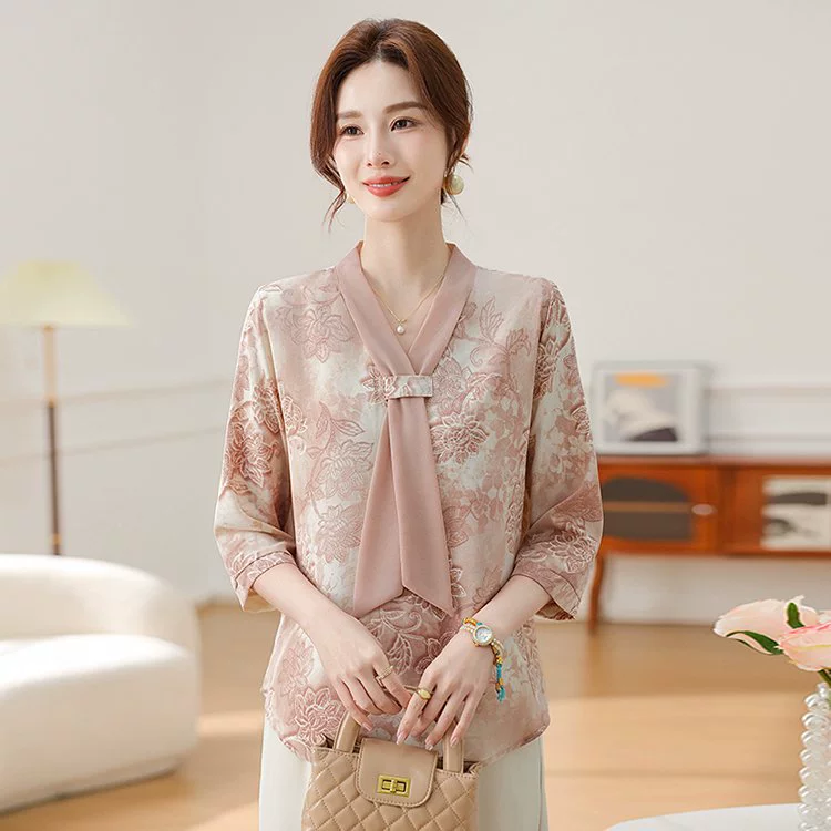 Летняя футболка для мам среднего возраста, свободная шифоновая рубашка, новый стиль 2025 года, благородная рубашка для женщин среднего и пожилого возраста, топ