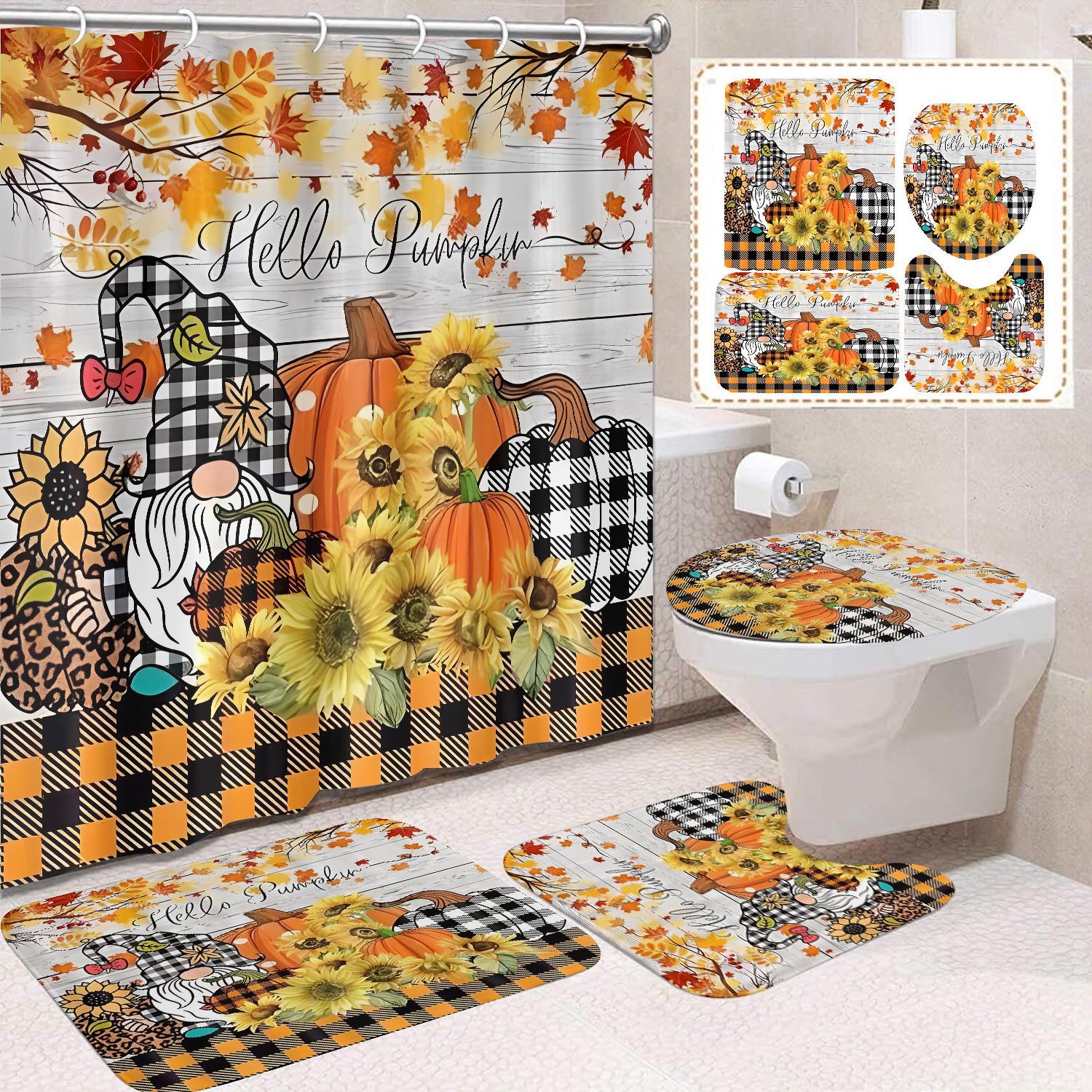 Cortina de ducha de Acción de Gracias, cosecha de otoño, serie de calabaza, cortina de ducha, cortina de baño, cortina de baño impermeable de poliéster, cortina de baño de cuatro piezas image 25