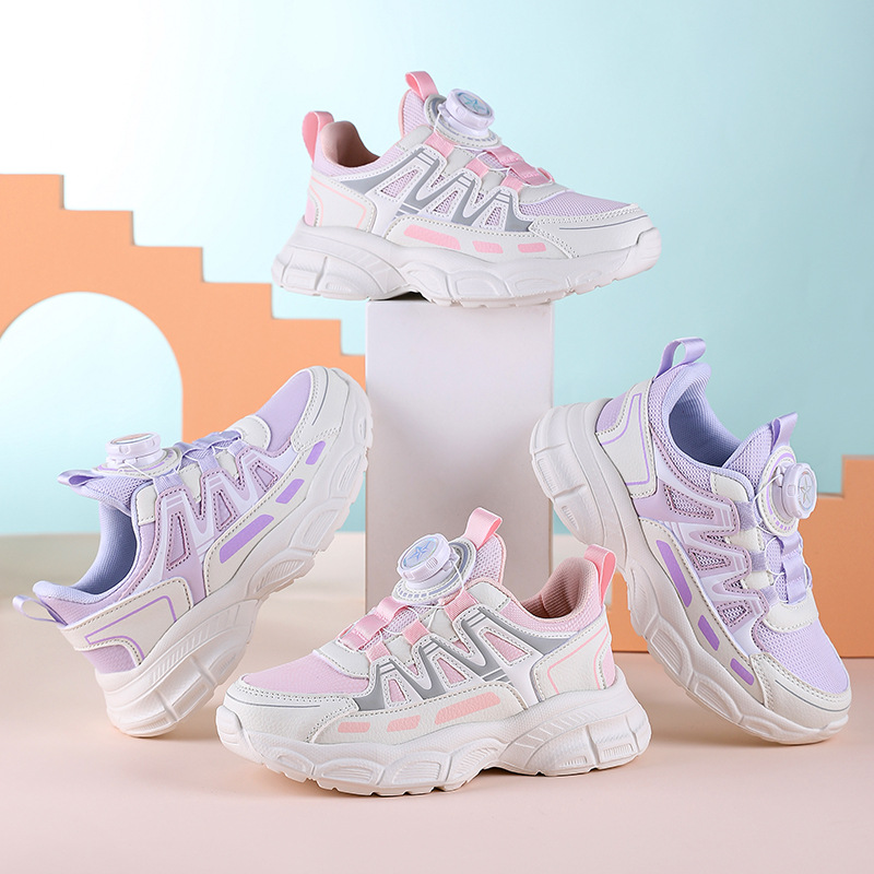 Zapatos de niñas 2024 otoño nuevo botón giratorio transpirable de malla zapatos deportivos para niños con suela suave zapatos casuales antideslizantes para niños