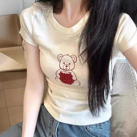 BM风新款美式草莓小熊印花短袖t恤女bm辣妹百搭圆领正肩上衣ins潮
