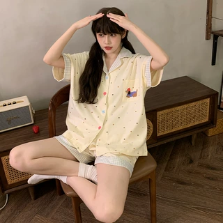 仿棉睡衣女夏季短袖短裤薄款甜美可爱卡通少女家居服套装可外穿