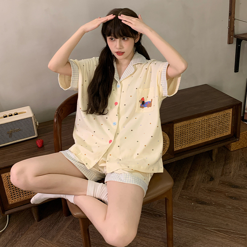 코튼 파자마 여성 여름 반팔 반바지 얇은 감미로운 귀여운 만화 소녀 가정