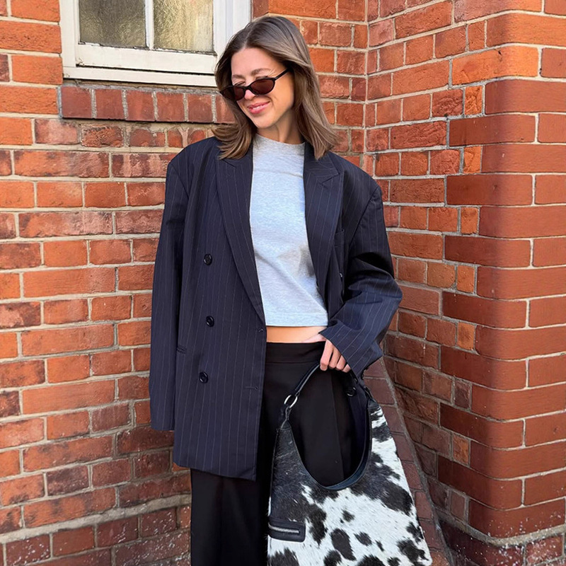 Korean-Style Fashionable Design Lapel Wide-Shoulder Striped Slim-Fit Blazer 2025 New Model Cross-Border European and American Style