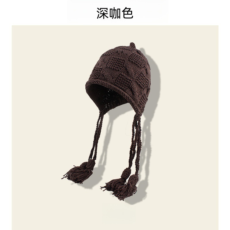 2025新款时尚贴布流苏红色毛线帽子女士秋冬季保暖手工辫子针织帽|undefined